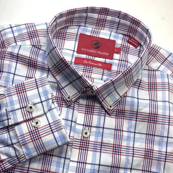 Southern Proper Taylor Fit Shirt Mens L Red White Blue Plaid Button Down Preppy - Picture 1 of 7